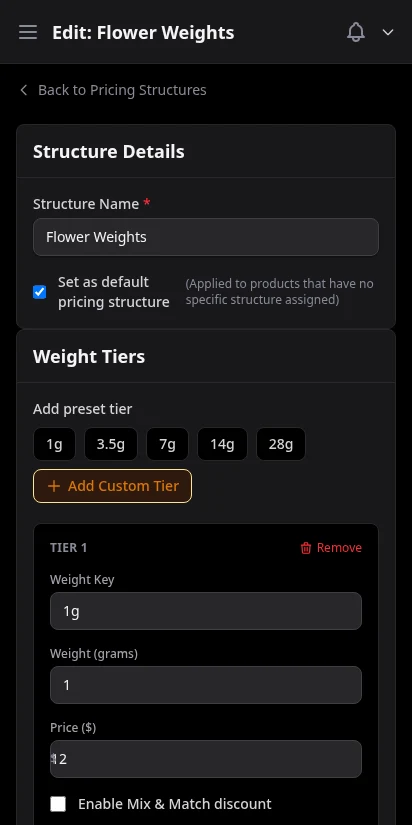DabDash pricing tier editor showing volume discount thresholds — mobile view