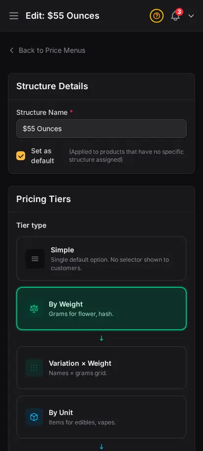 DabDash price menu editor showing weight tiers, prices, costs, and attached product list — mobile view