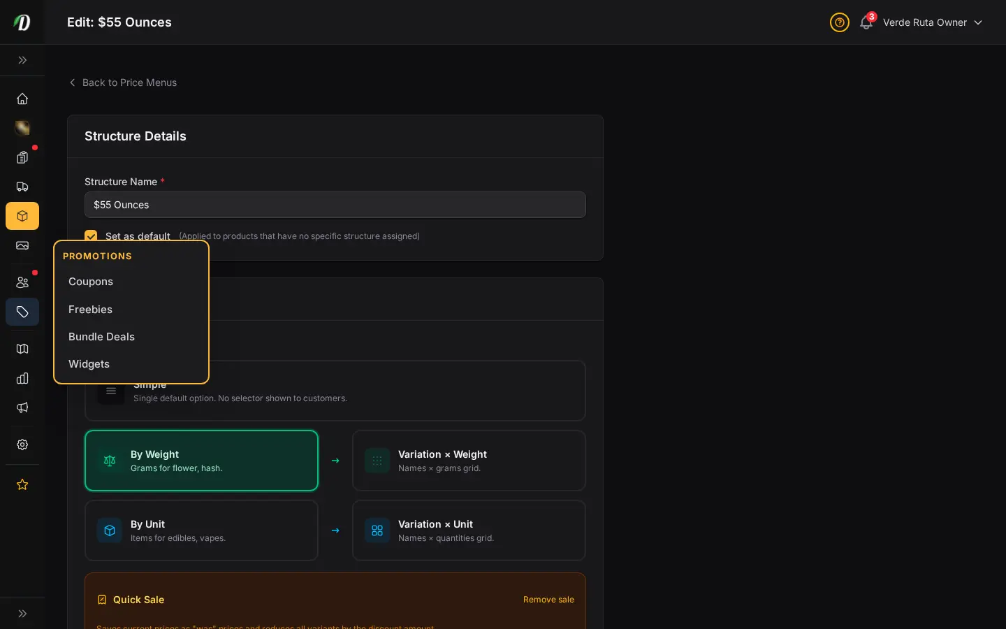 DabDash price menu editor showing weight tiers, prices, costs, and attached product list