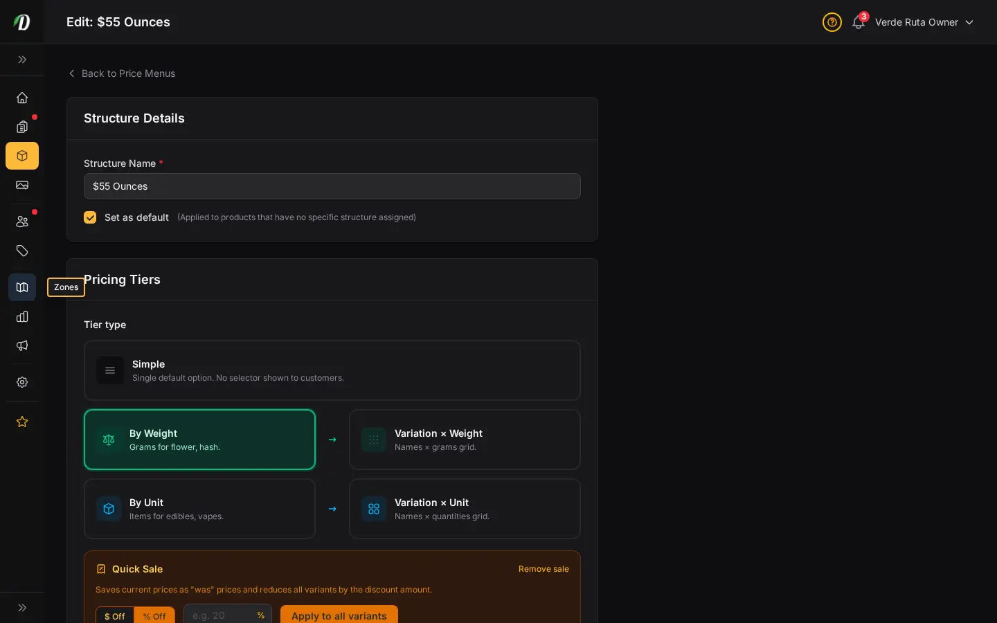 DabDash price menu editor showing weight tiers, prices, costs, and attached product list