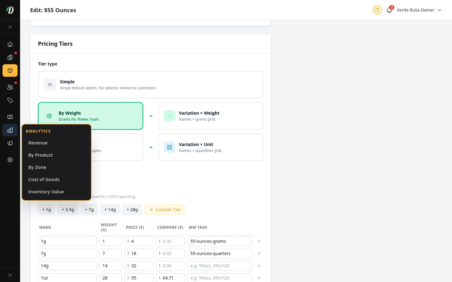 Pricing structure edit form showing weight tiers, prices, cost fields, and mix and match tags