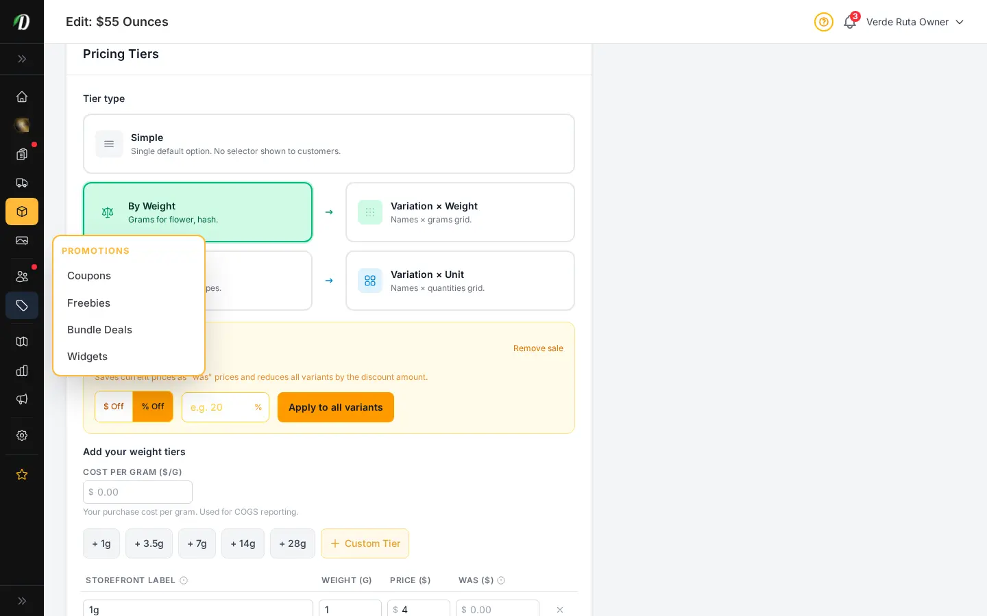 DabDash weight price menu form showing gram tiers with editable prices, costs, and labels