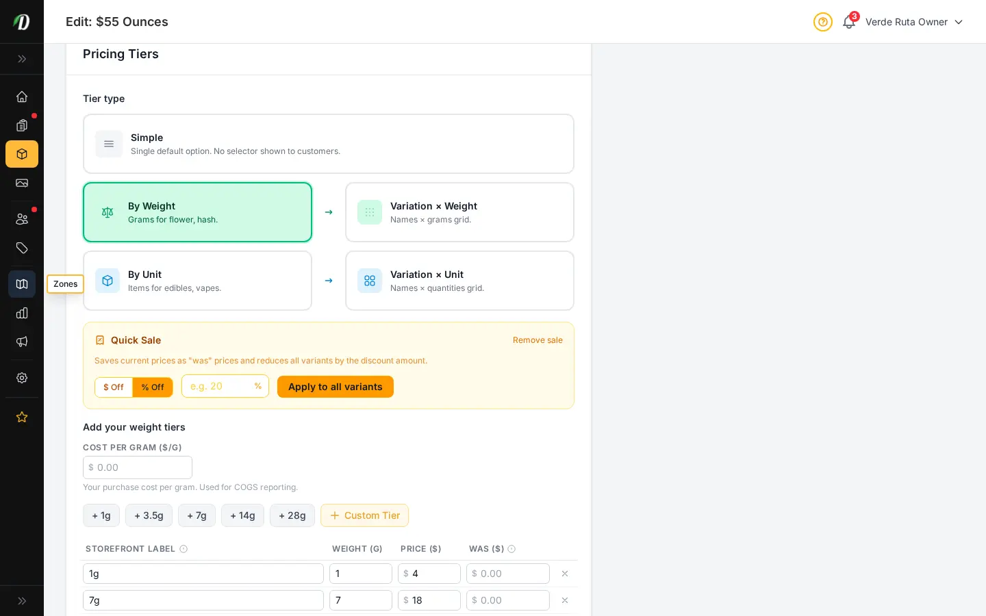 DabDash weight price menu form showing gram tiers with editable prices, costs, and labels