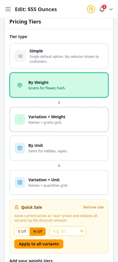 DabDash weight pricing form showing gram tiers, prices, costs, and pricing labels — mobile view