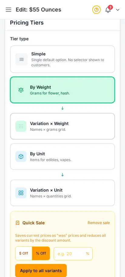 DabDash weight price menu form showing gram tiers with editable prices, costs, and labels — mobile view