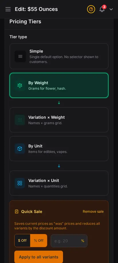 DabDash weight price menu form showing gram tiers with editable prices, costs, and labels — mobile view