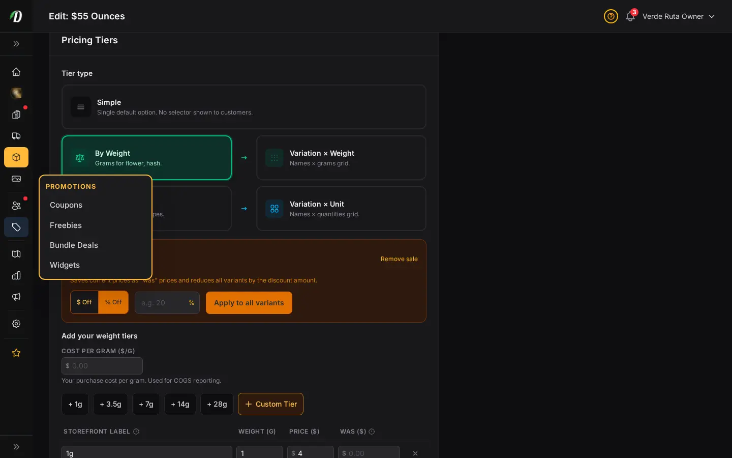 DabDash weight price menu form showing gram tiers with editable prices, costs, and labels