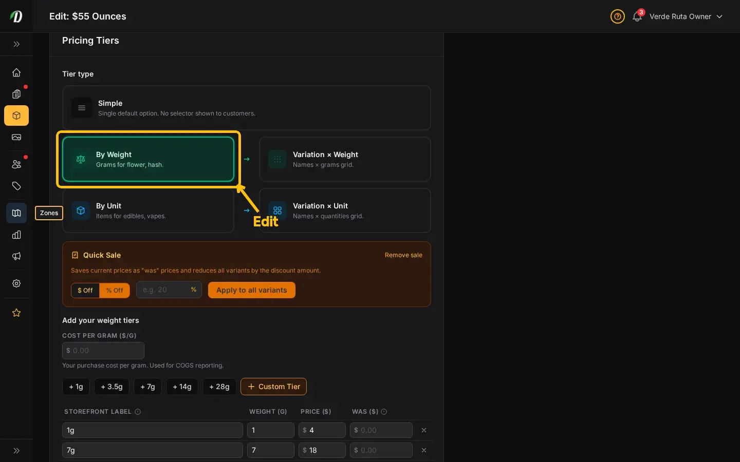 DabDash weight price menu form showing gram tiers with editable prices, costs, and labels