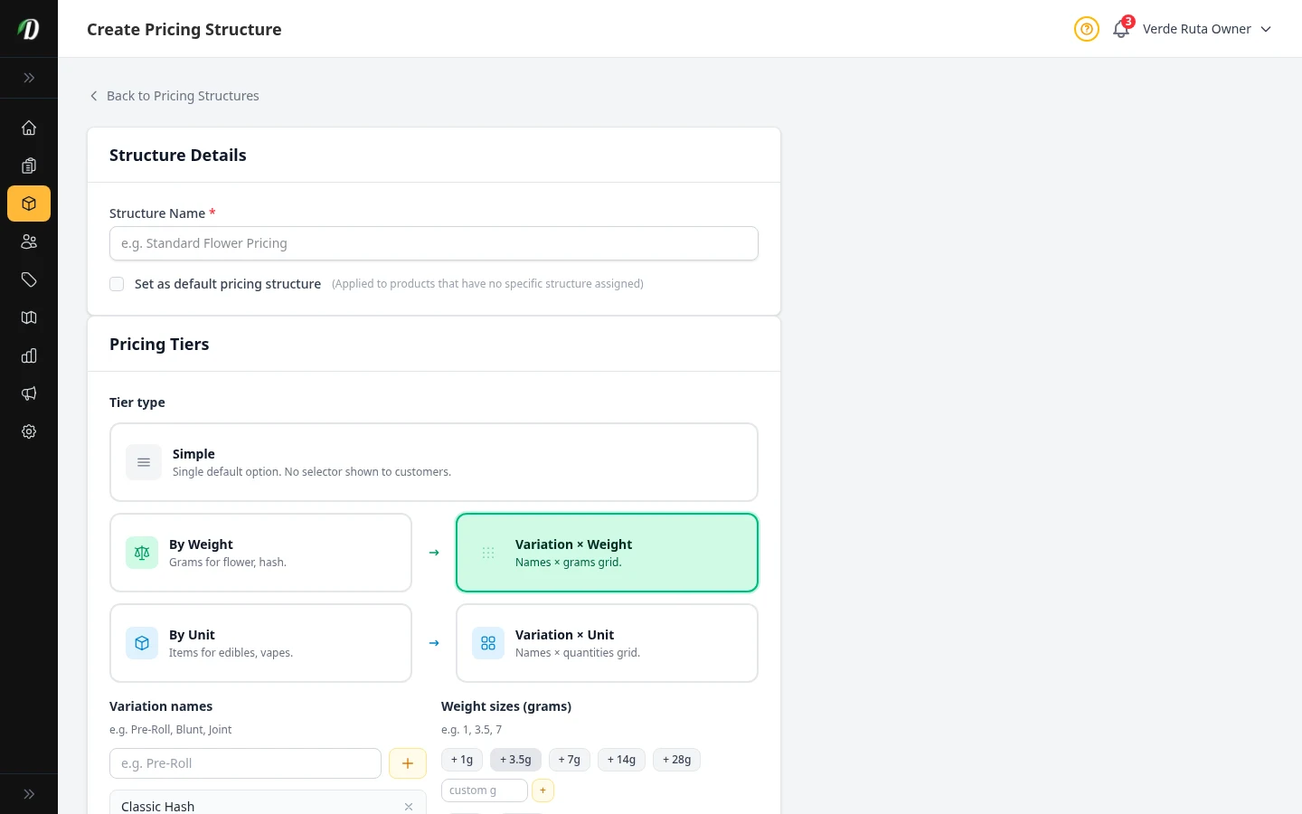 Matrix pricing setup with variation names and weight columns
