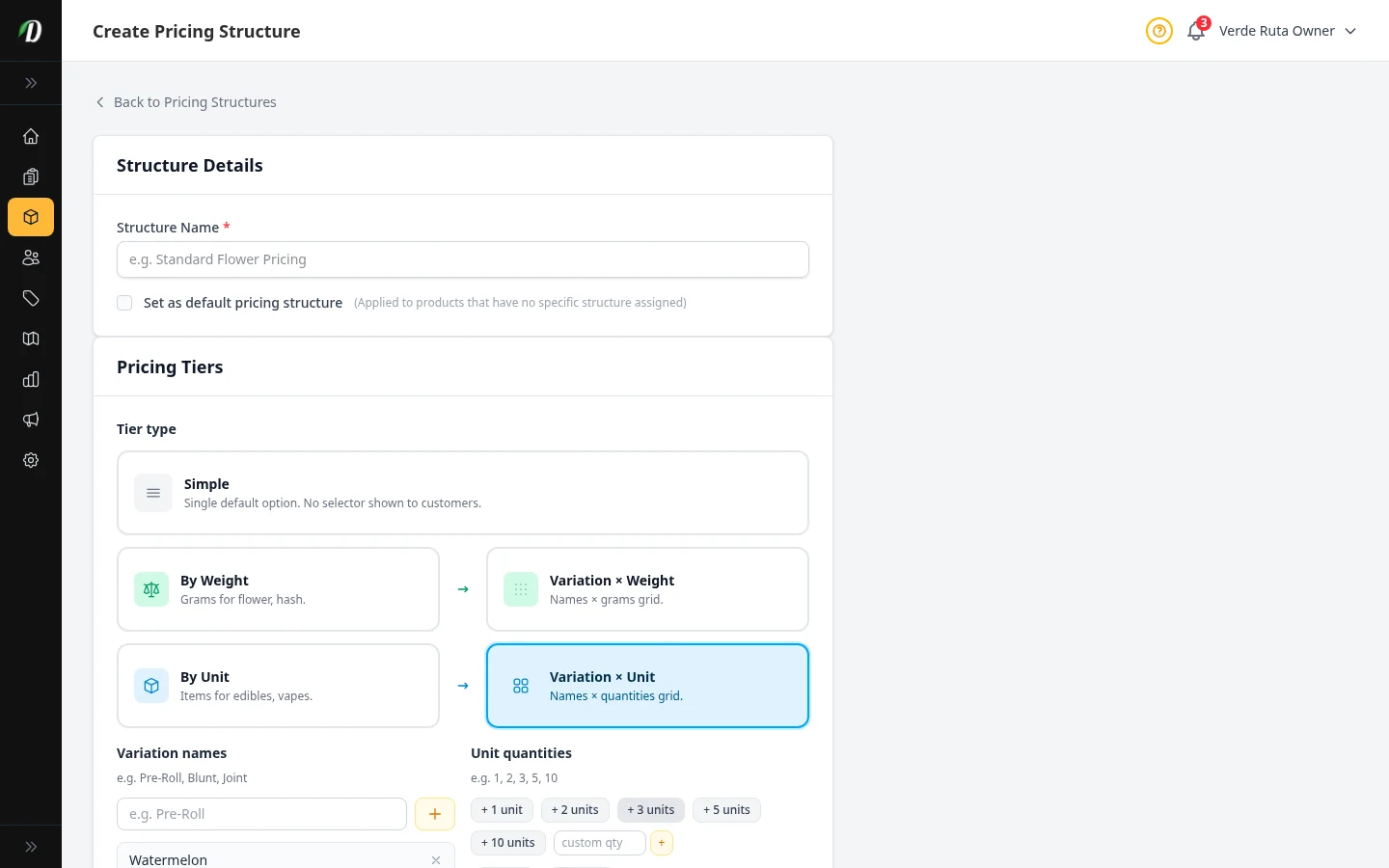 Variation by unit matrix pricing setup with flavor rows and unit quantity columns