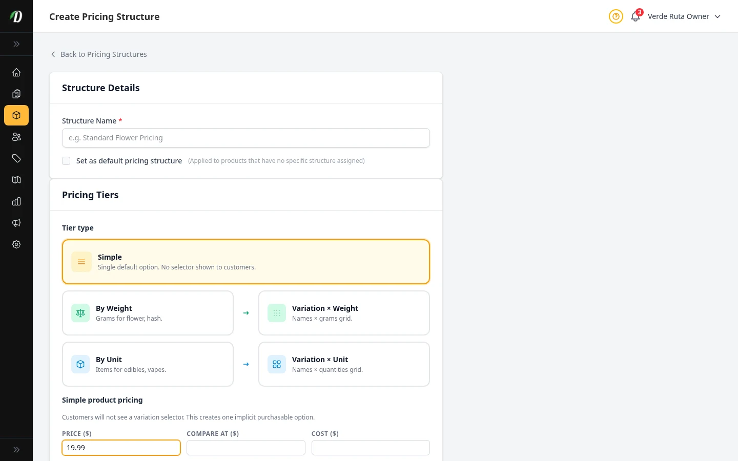 Simple pricing setup with one implicit unit option