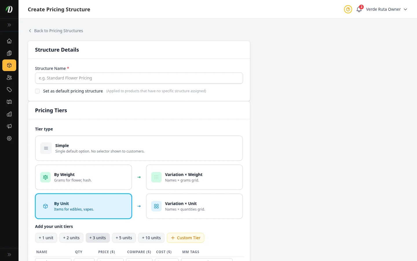 Unit pricing setup with unit quantity tiers