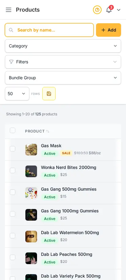DabDash products page showing a rich product catalog with images, strain types, prices, and active status — mobile view