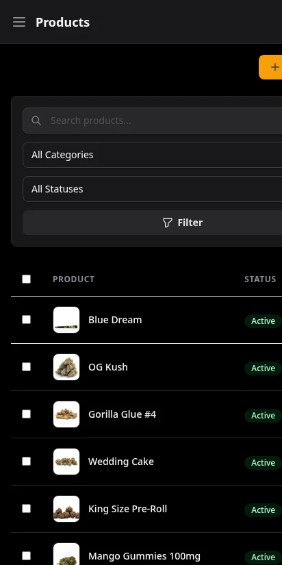 DabDash product catalog listing with strain types, pricing, and stock status — mobile view