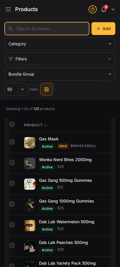 DabDash products page showing a rich product catalog with images, strain types, prices, and active status — mobile view