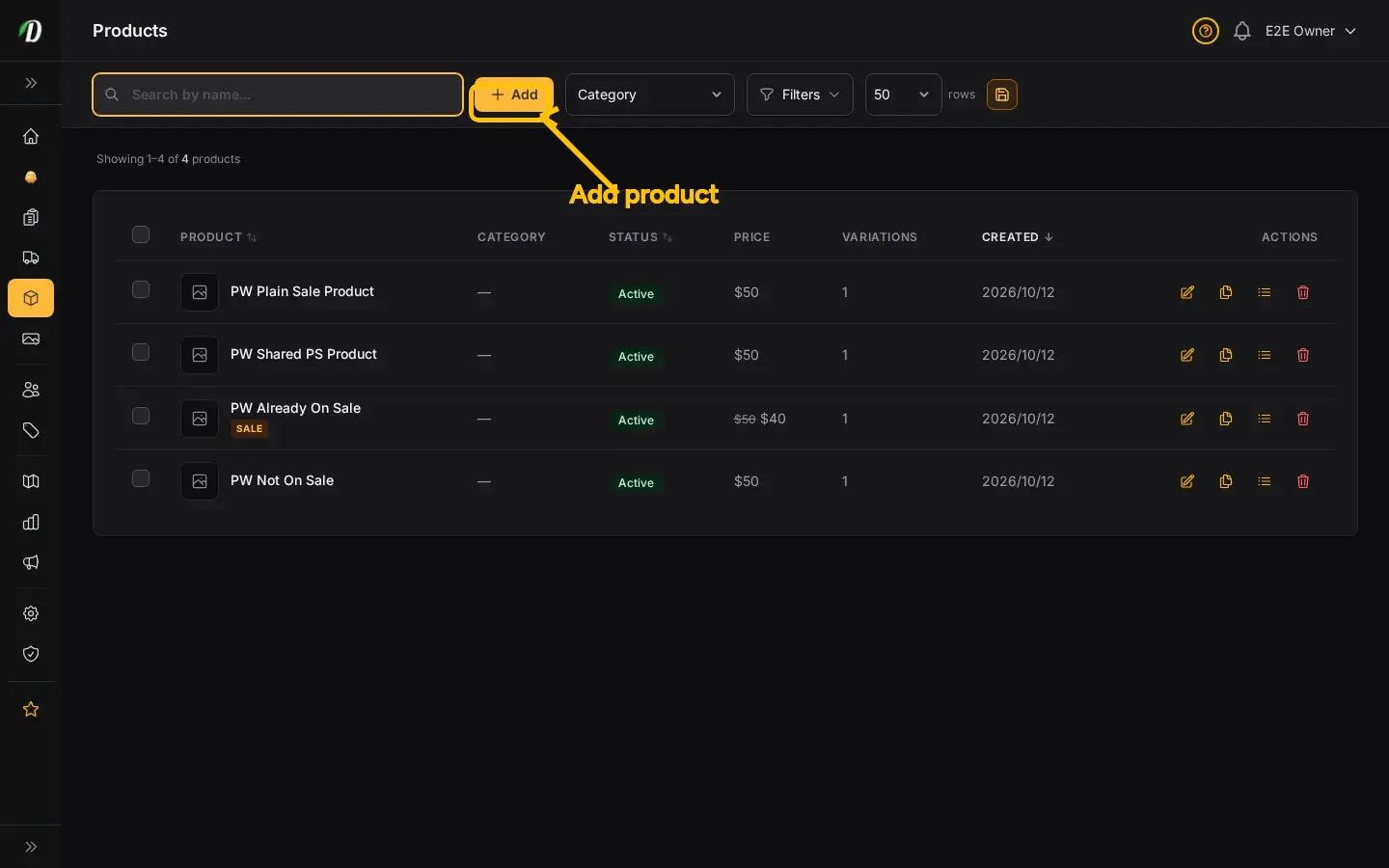 DabDash products page showing a rich product catalog with images, strain types, prices, and active status