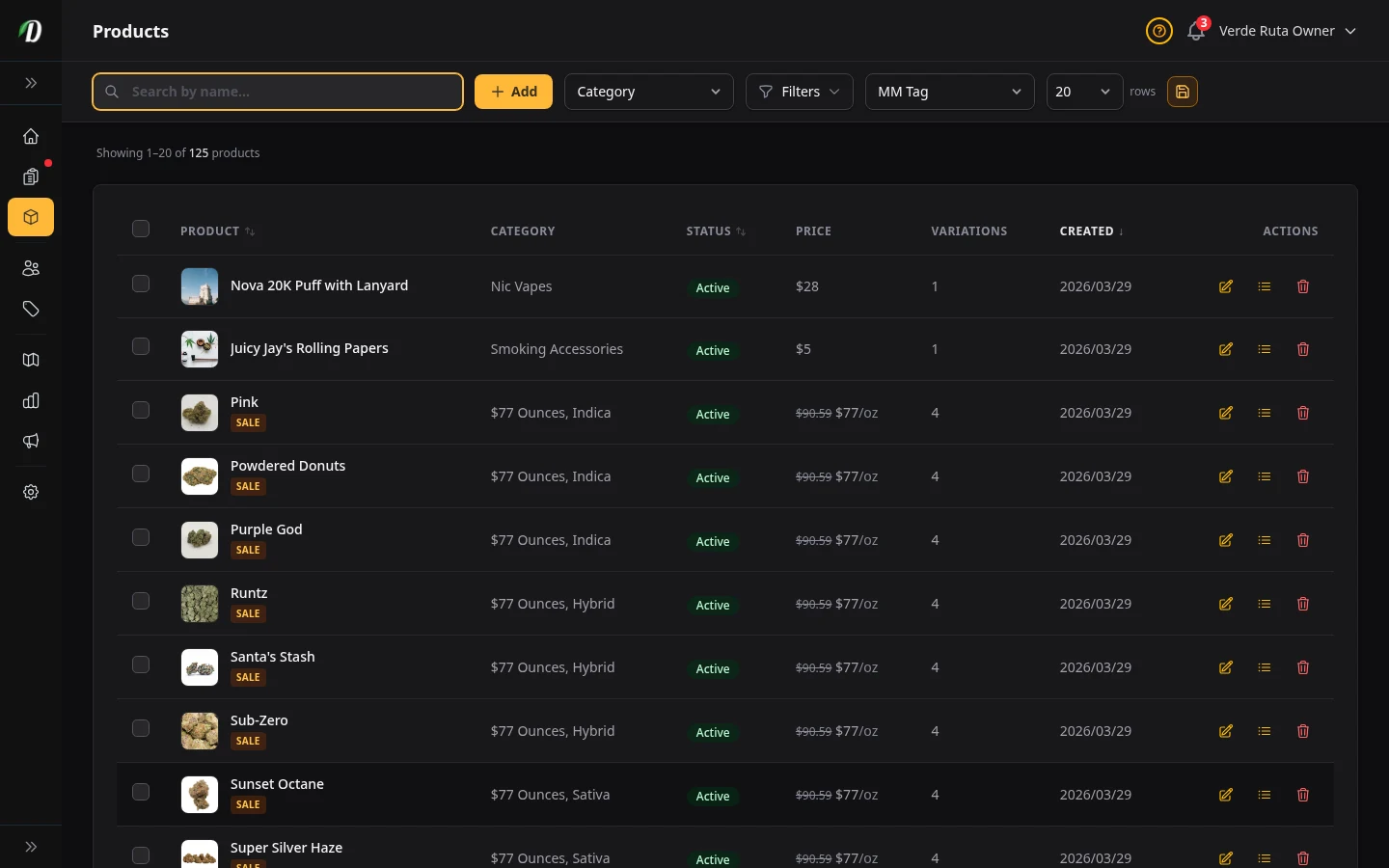 DabDash vendor product management dashboard showing product catalog with stock levels and pricing