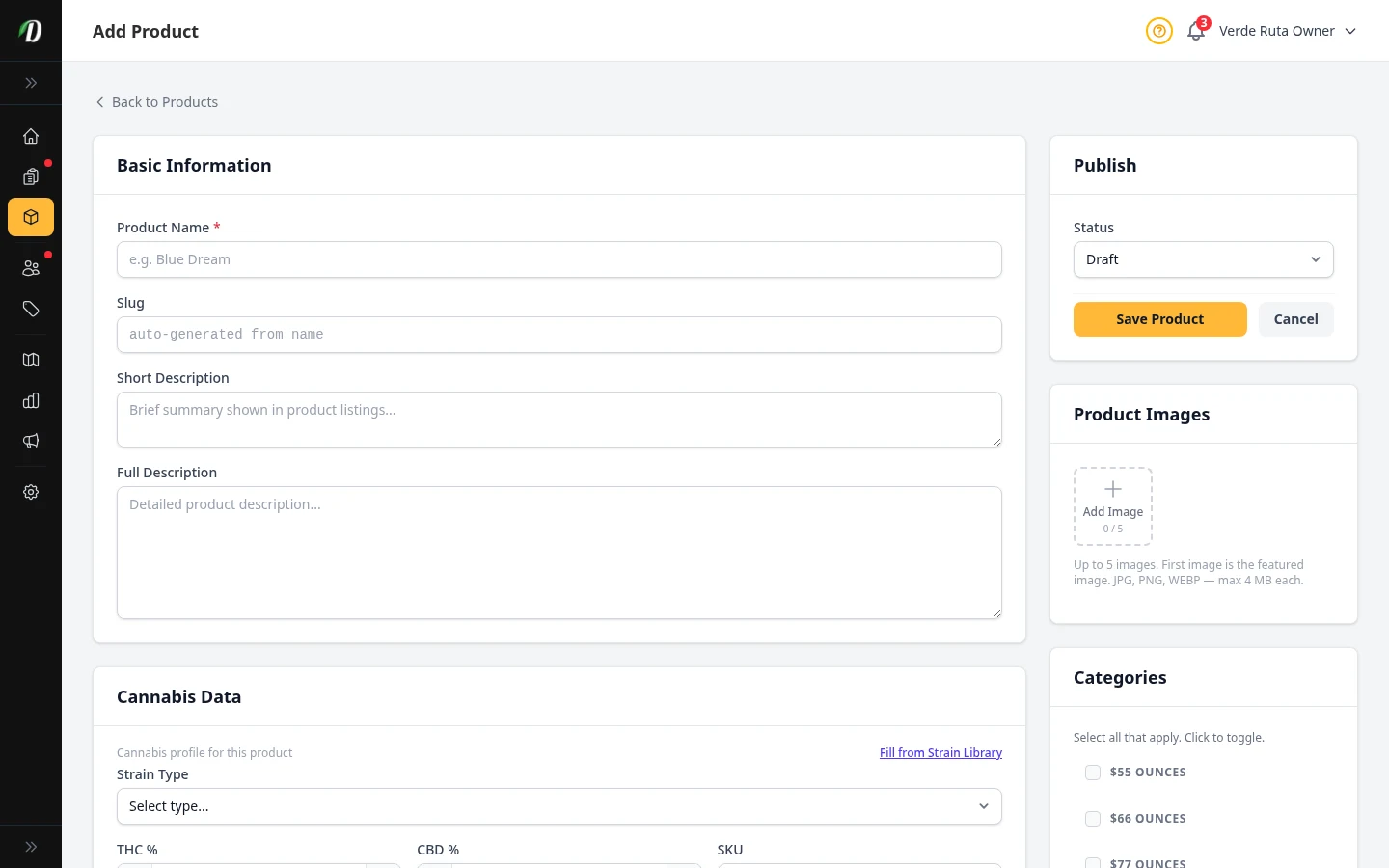 Product creation form showing product details, category selection, and pricing setup