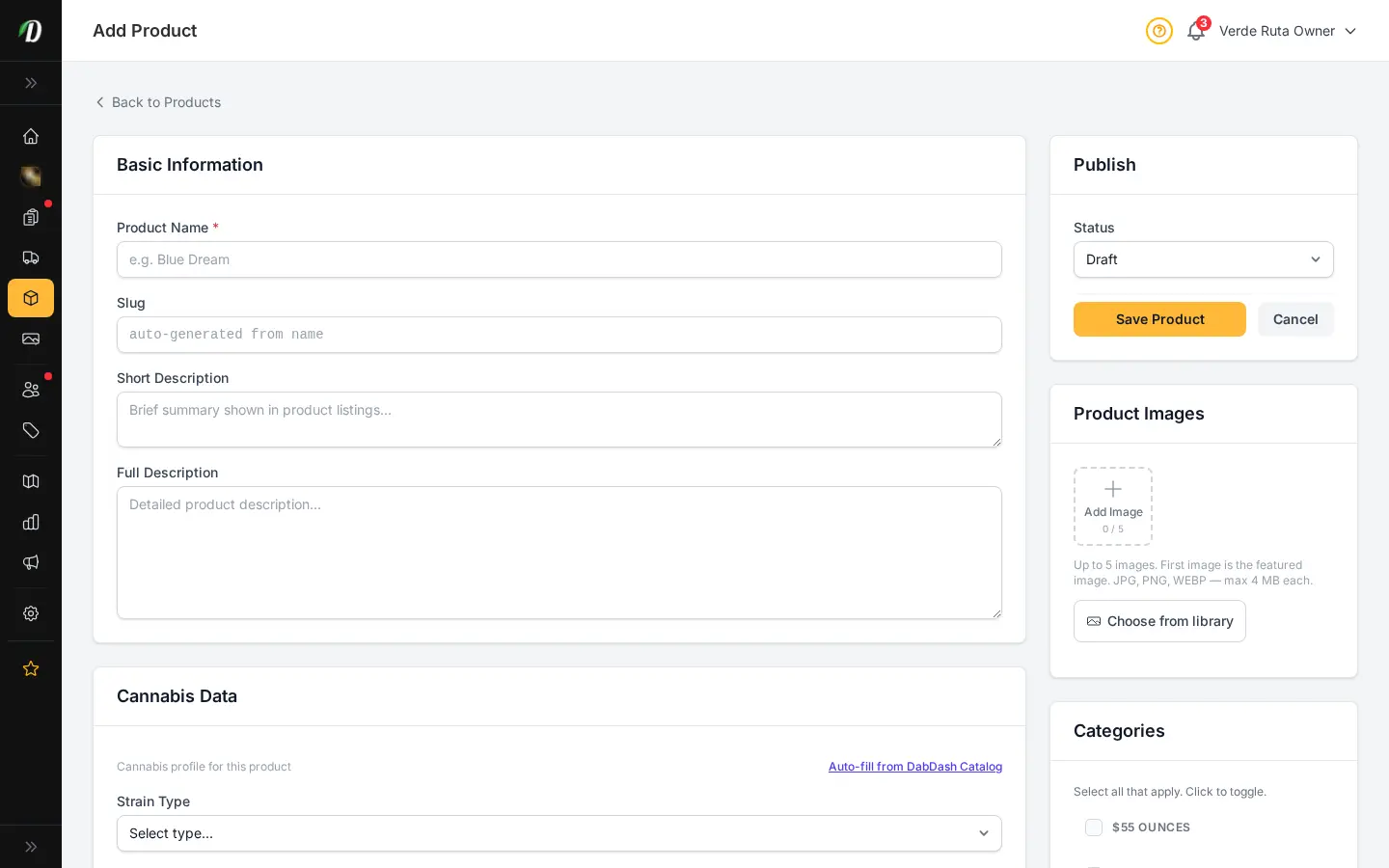 DabDash add product page showing product details, categories, pricing, and publish controls