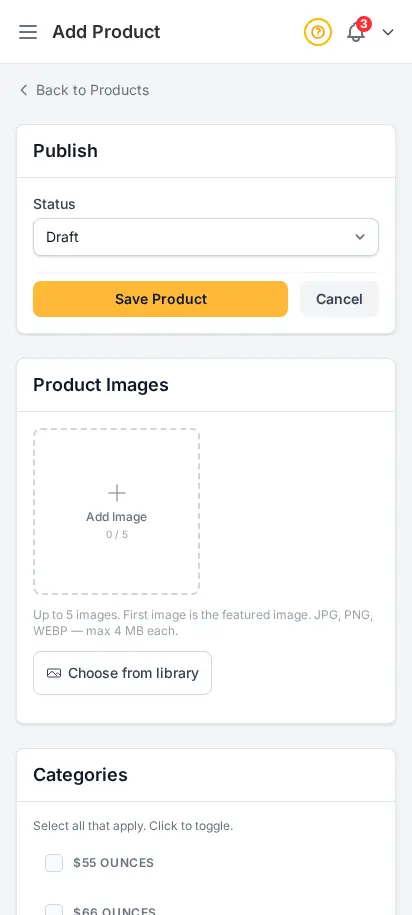DabDash add product page showing product details, categories, pricing, and publish controls — mobile view