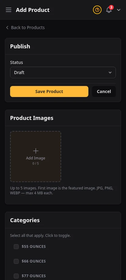 DabDash add product page showing product details, categories, pricing, and publish controls — mobile view