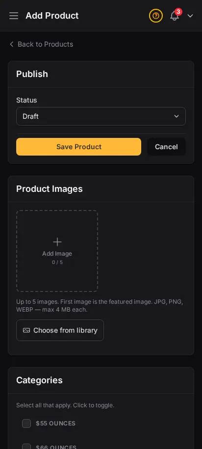 DabDash add product page showing product details, categories, pricing, and publish controls — mobile view