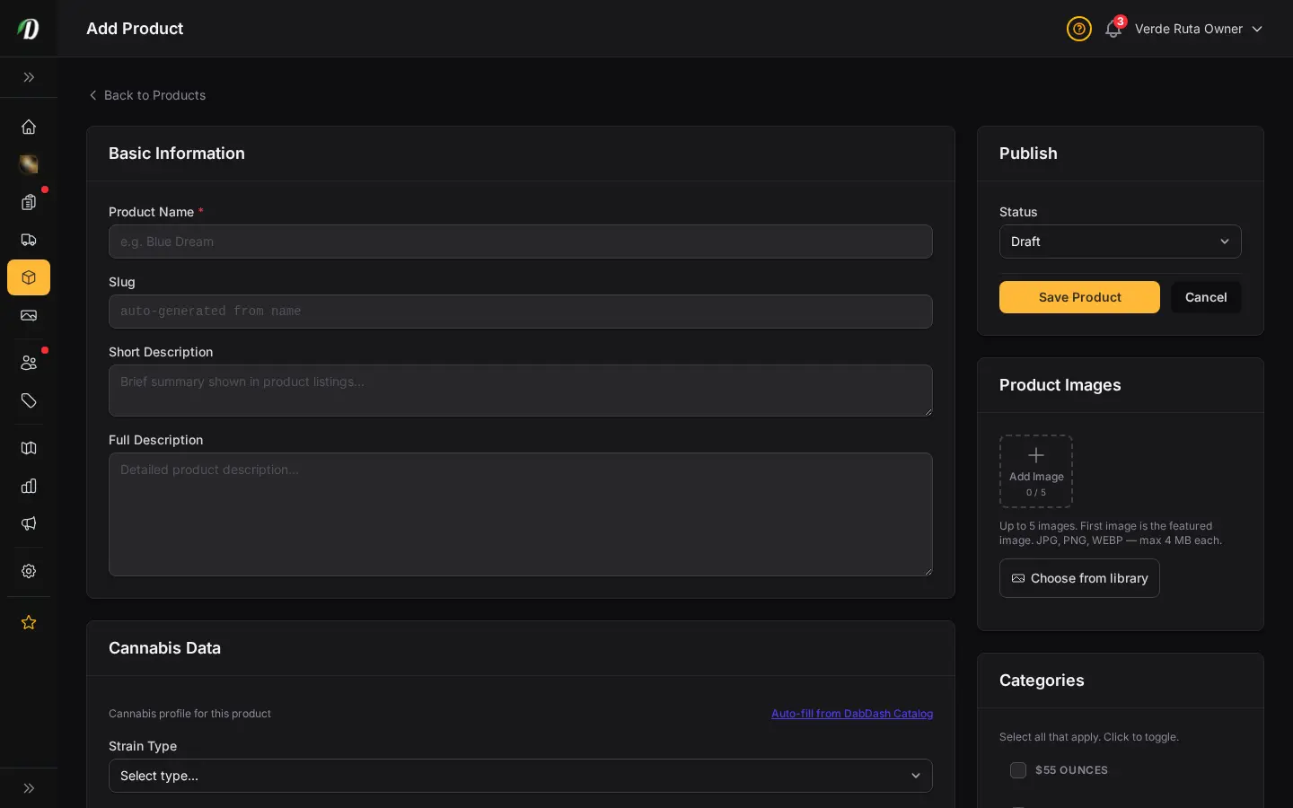 DabDash add product page showing product details, categories, pricing, and publish controls