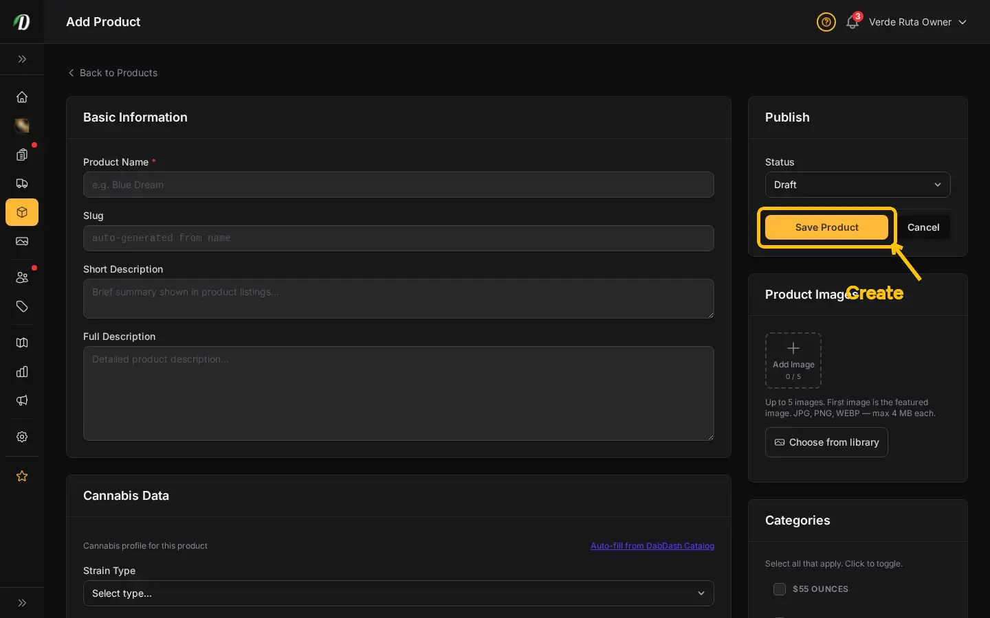DabDash add product page showing product details, categories, pricing, and publish controls