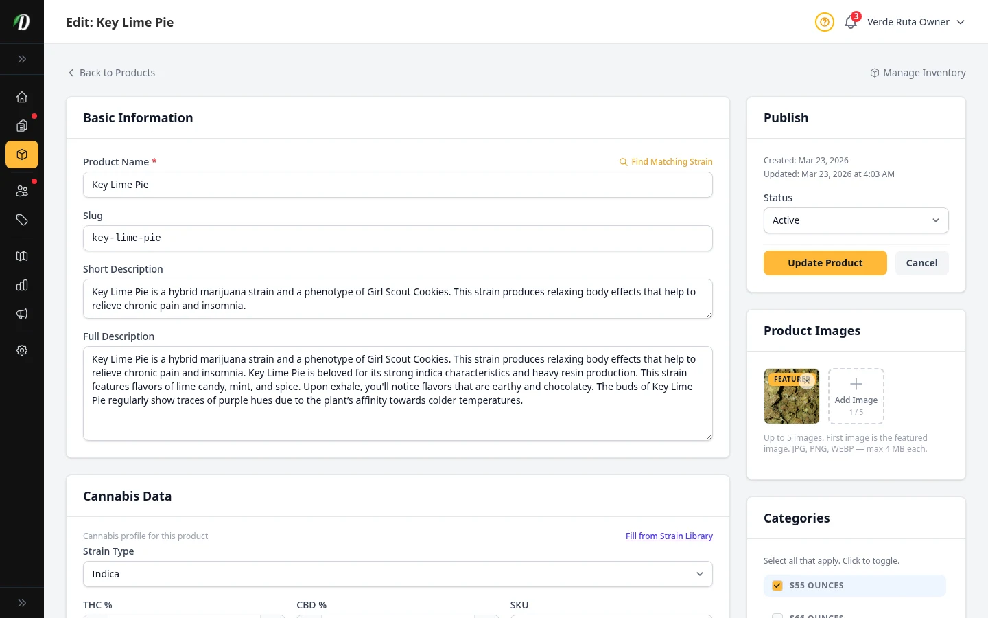 Product edit page showing saved pricing, variations, and publish controls