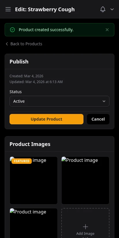 DabDash product editor with featured image uploaded, showing image preview and product ready to publish — mobile view