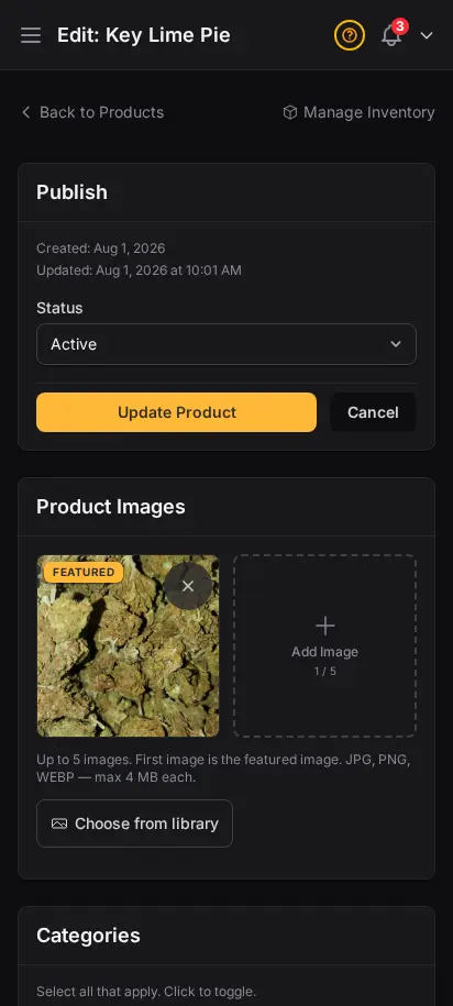DabDash product editor showing uploaded images, categories, and a product ready to publish — mobile view