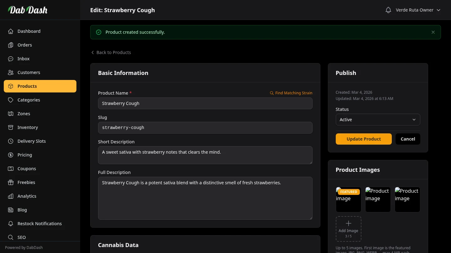 DabDash product editor with featured image uploaded, showing image preview and product ready to publish
