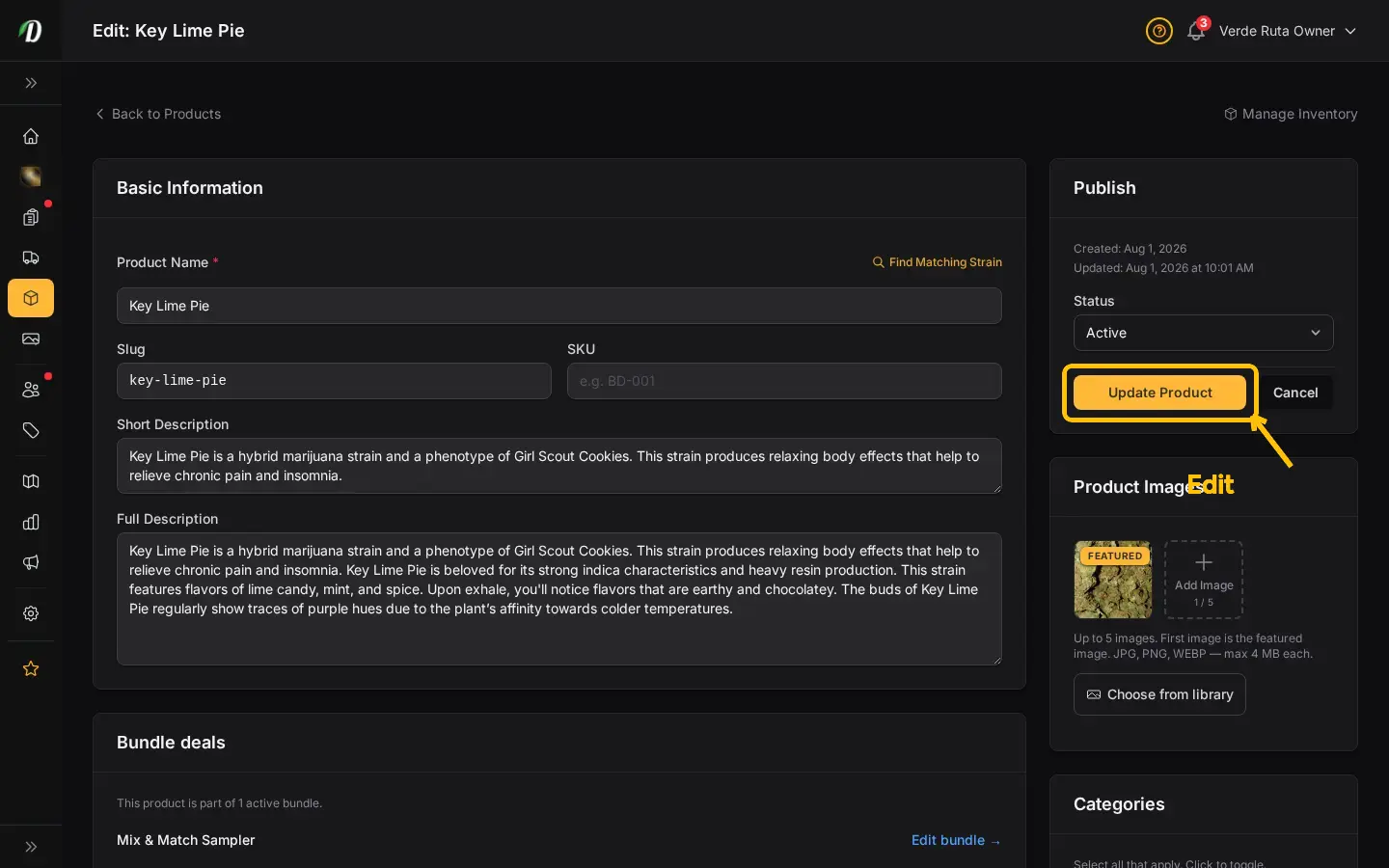 DabDash product editor showing uploaded images, categories, and a product ready to publish