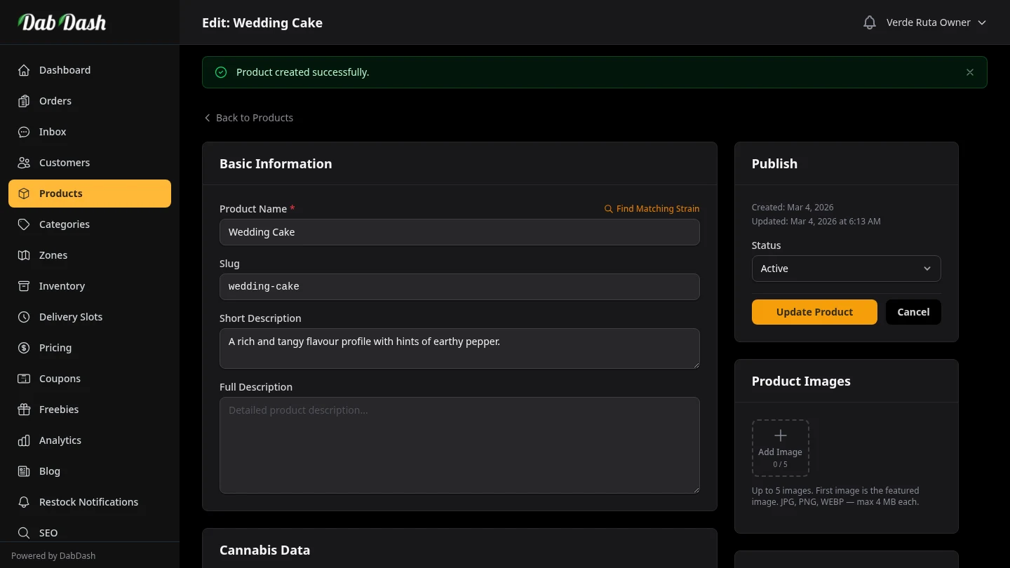 DabDash product editor showing weight variations, pricing, and strain details