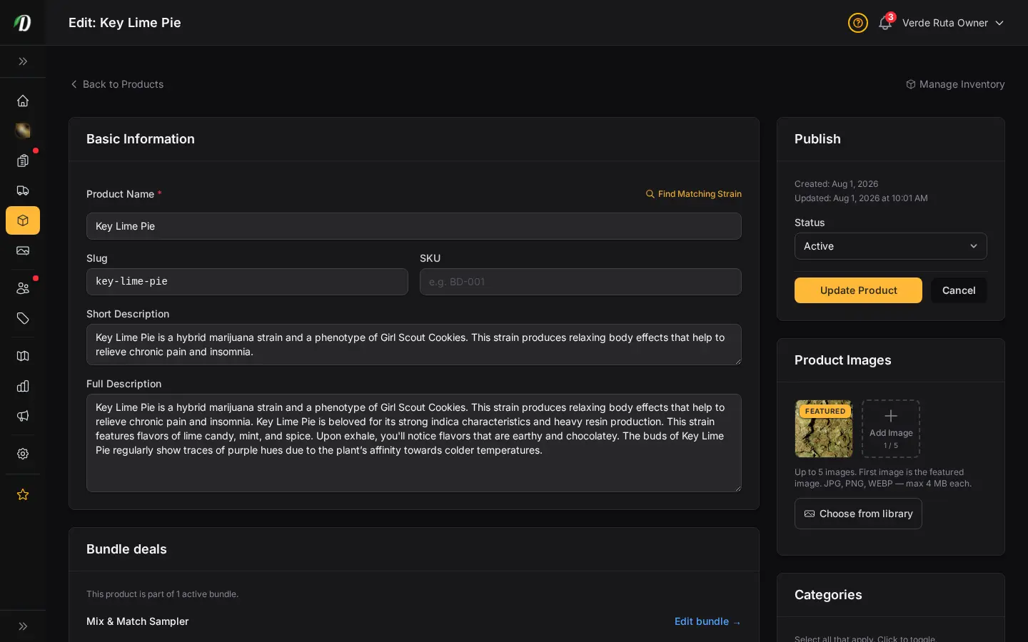 DabDash product editor showing multiple saved variations with pricing and inventory fields