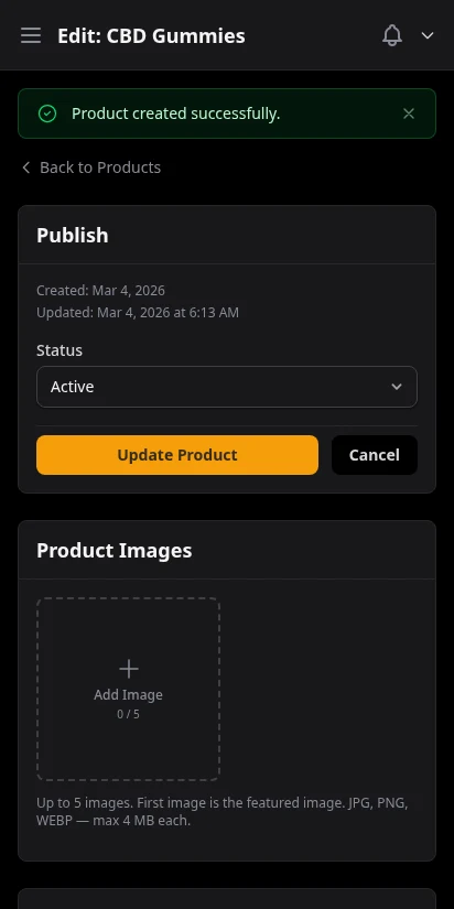 DabDash product editor showing custom standard weight variations with per-variation pricing and SKU fields — mobile view