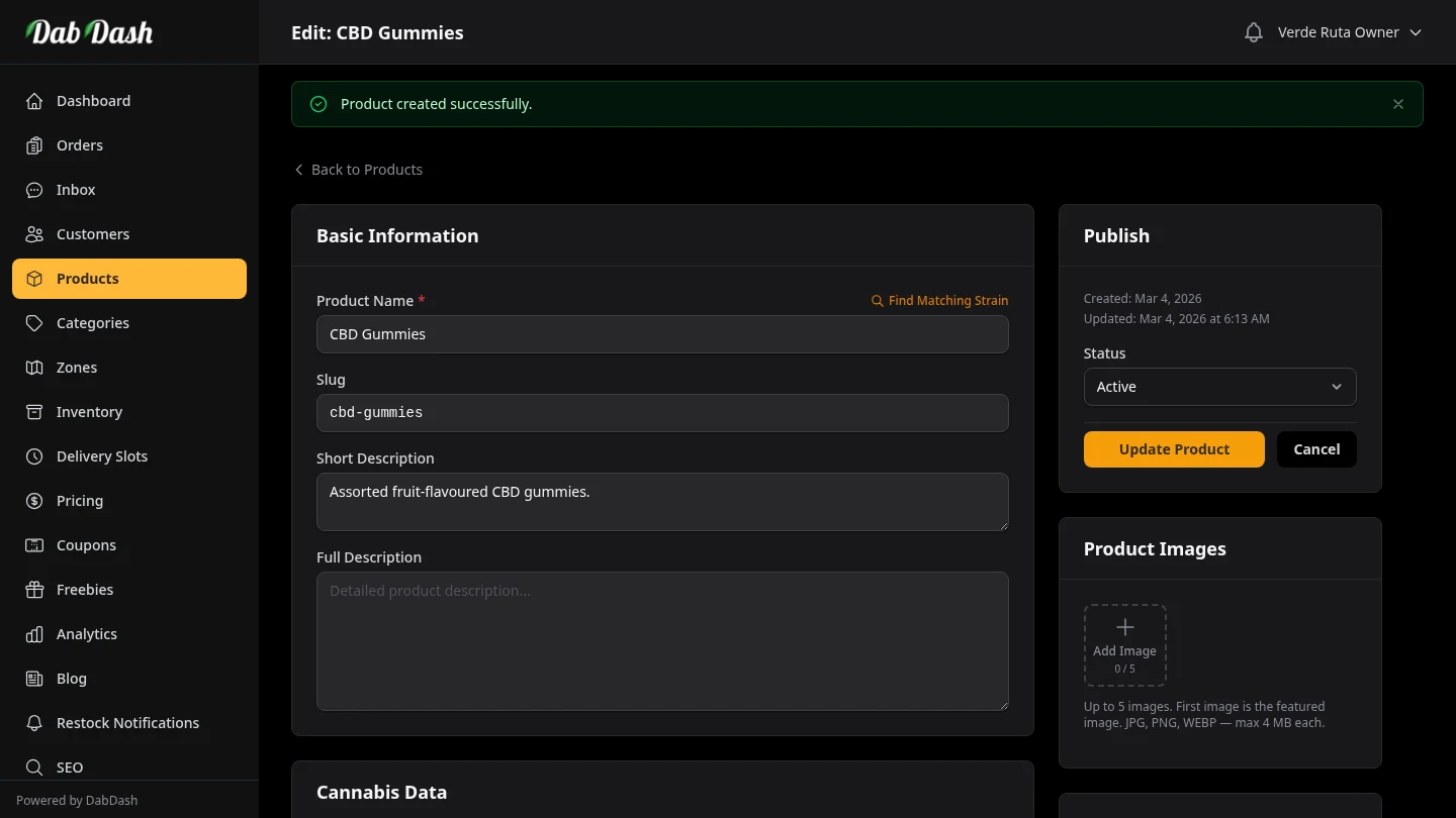 DabDash product editor showing custom standard weight variations with per-variation pricing and SKU fields