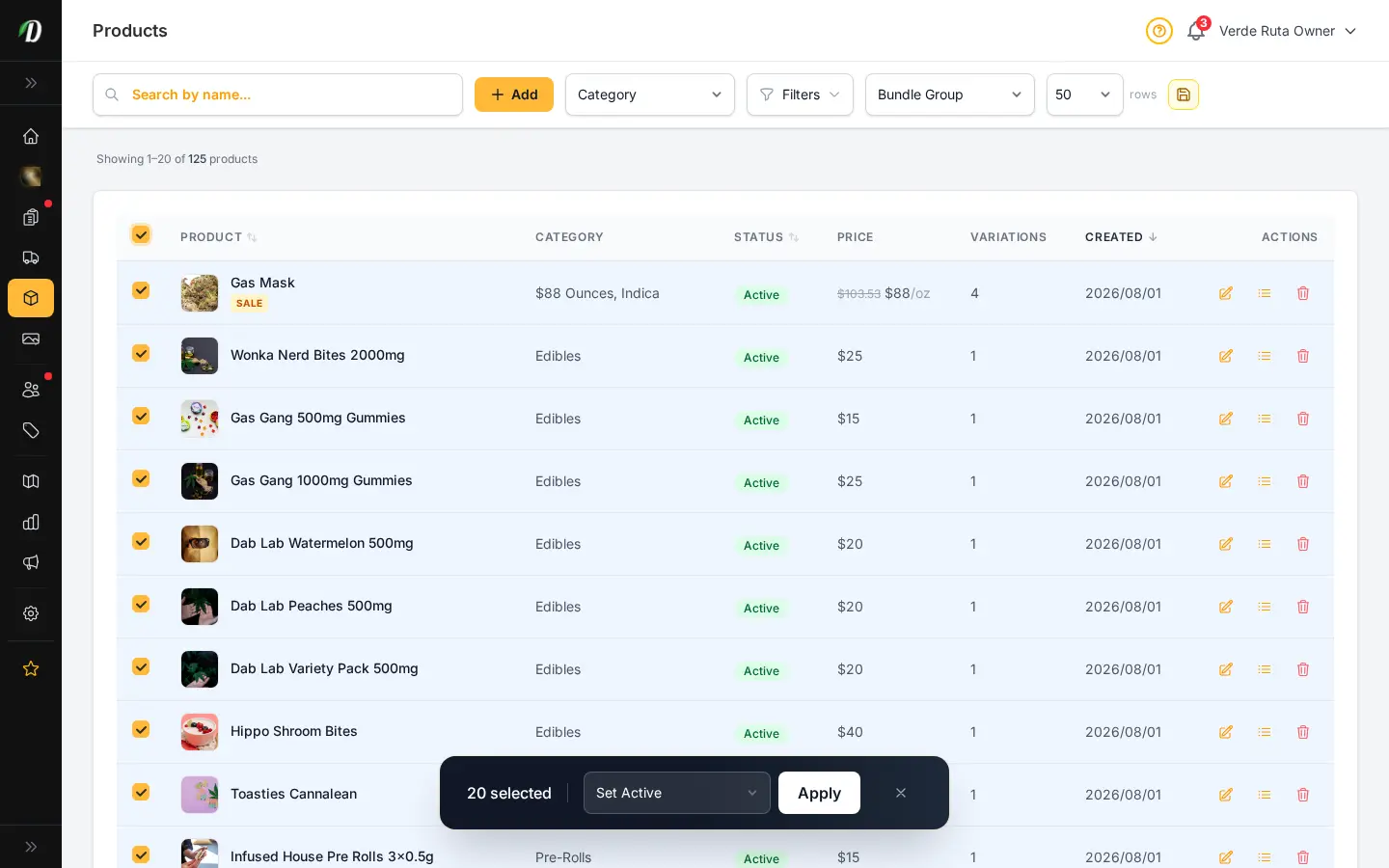 DabDash product list showing bulk selection controls for activating, archiving, and editing many items at once