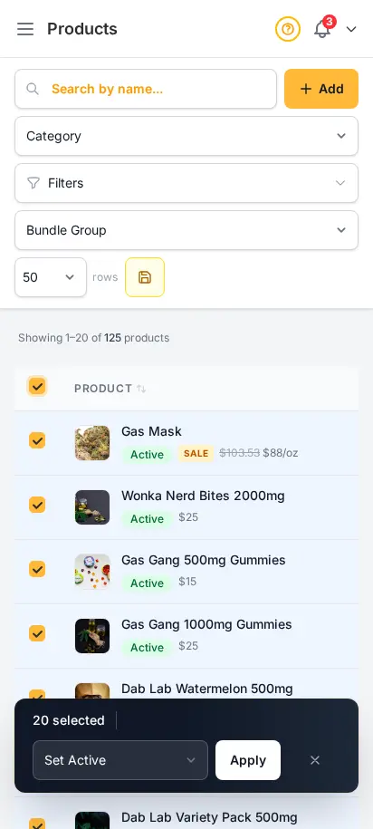 DabDash product list showing bulk selection controls for activating, archiving, and editing many items at once — mobile view