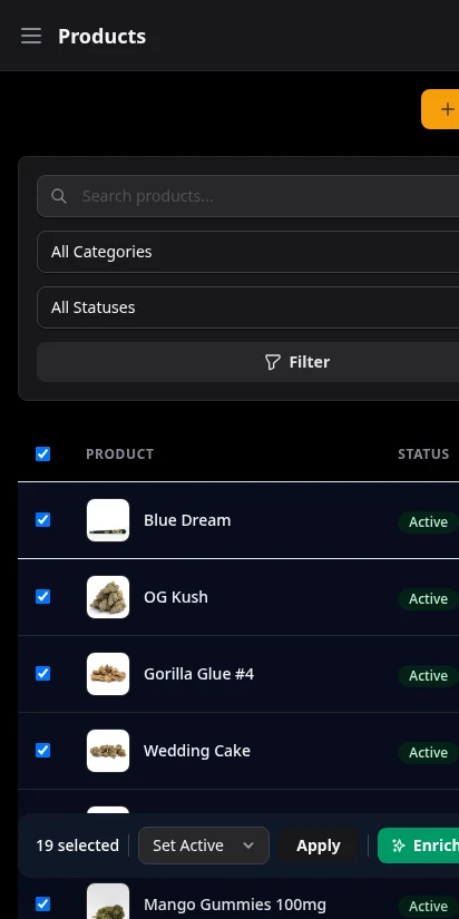DabDash product index with all products selected and floating bulk action bar showing activate, archive, and delete — mobile view