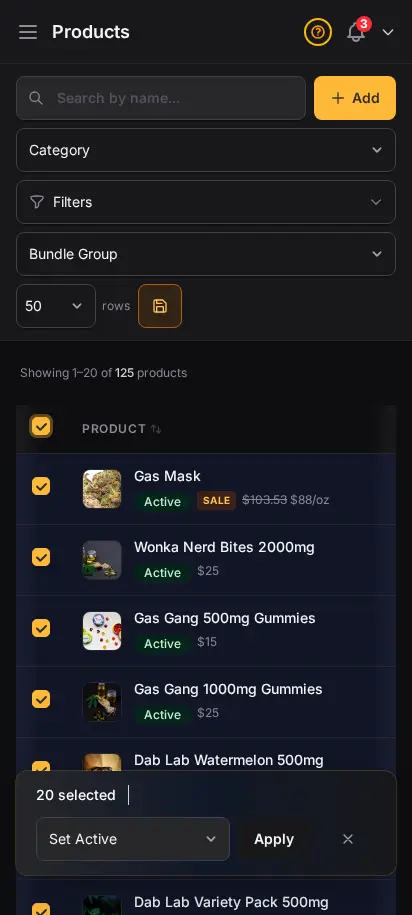 DabDash product list showing bulk selection controls for activating, archiving, and editing many items at once — mobile view
