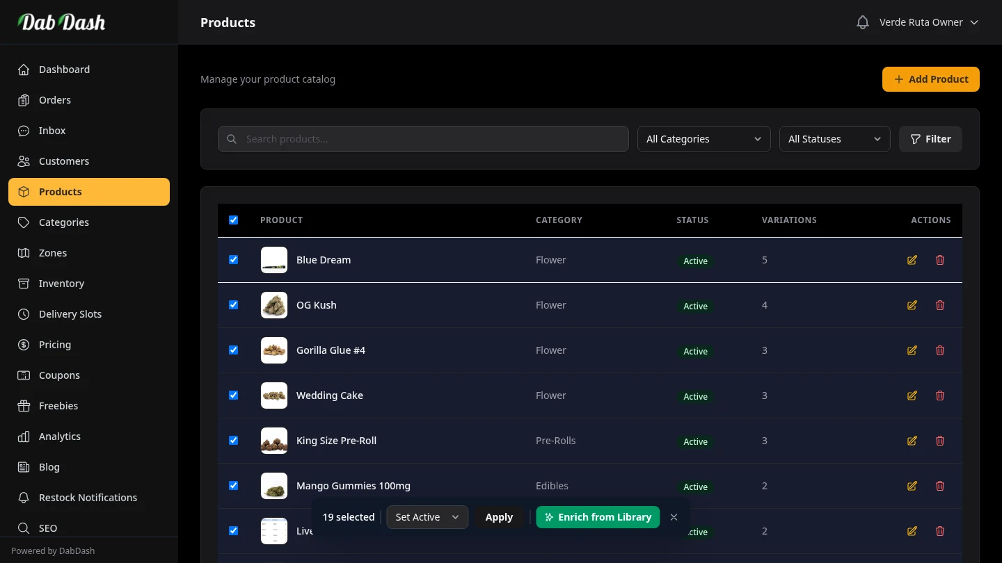 DabDash product index with all products selected and floating bulk action bar showing activate, archive, and delete