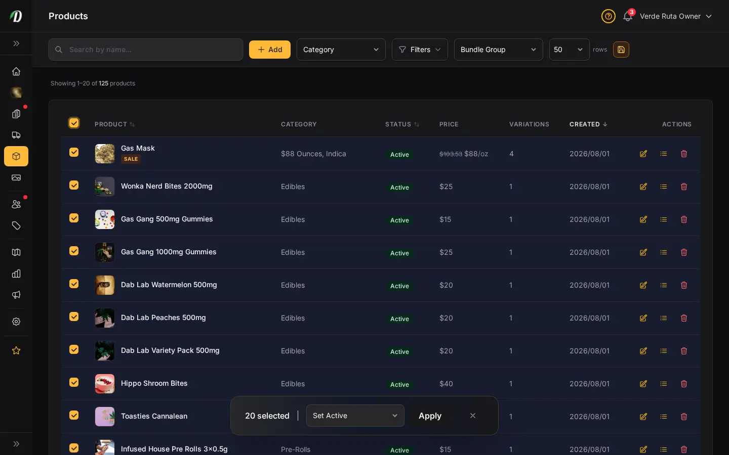 DabDash product list showing bulk selection controls for activating, archiving, and editing many items at once