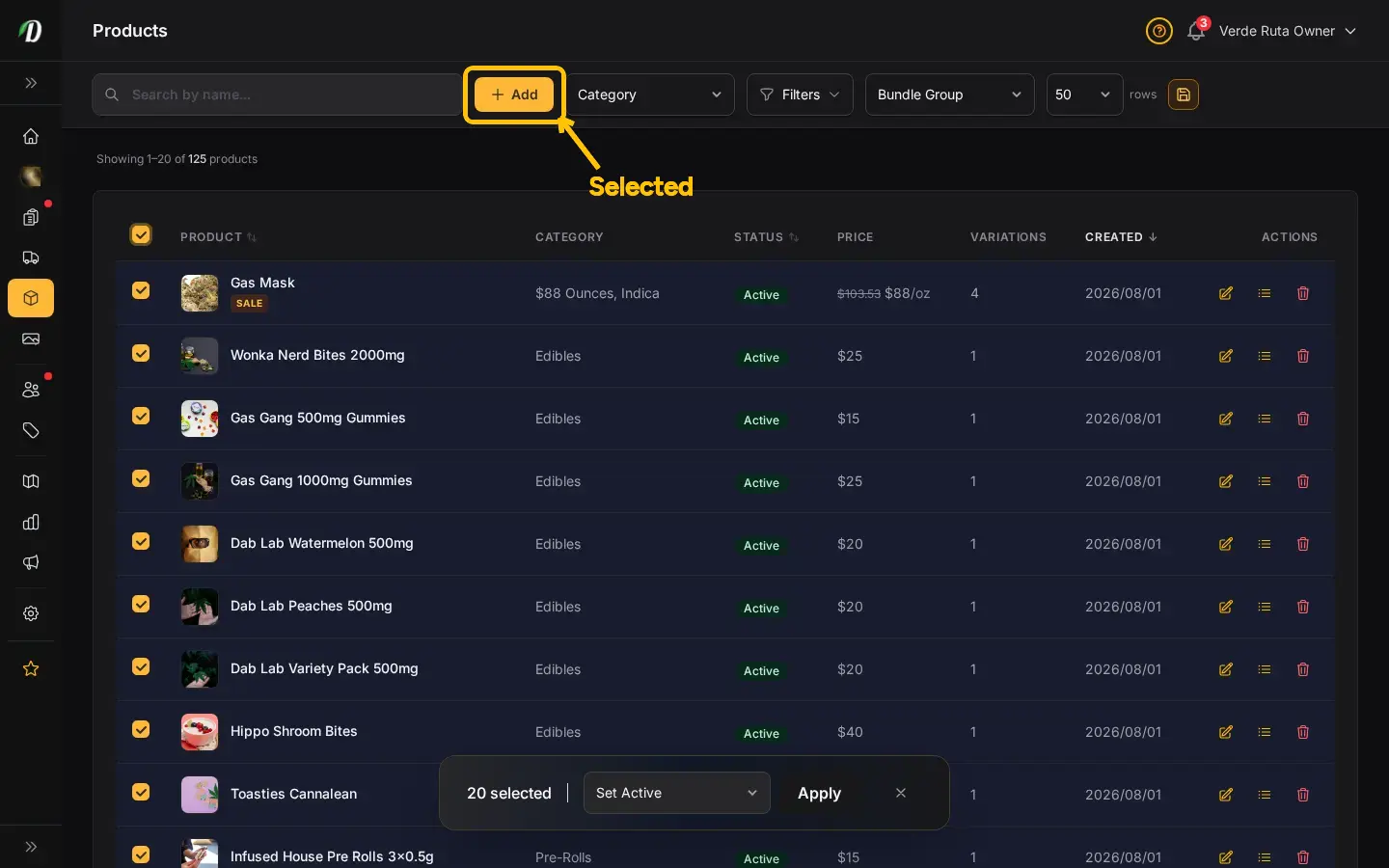 DabDash product list showing bulk selection controls for activating, archiving, and editing many items at once