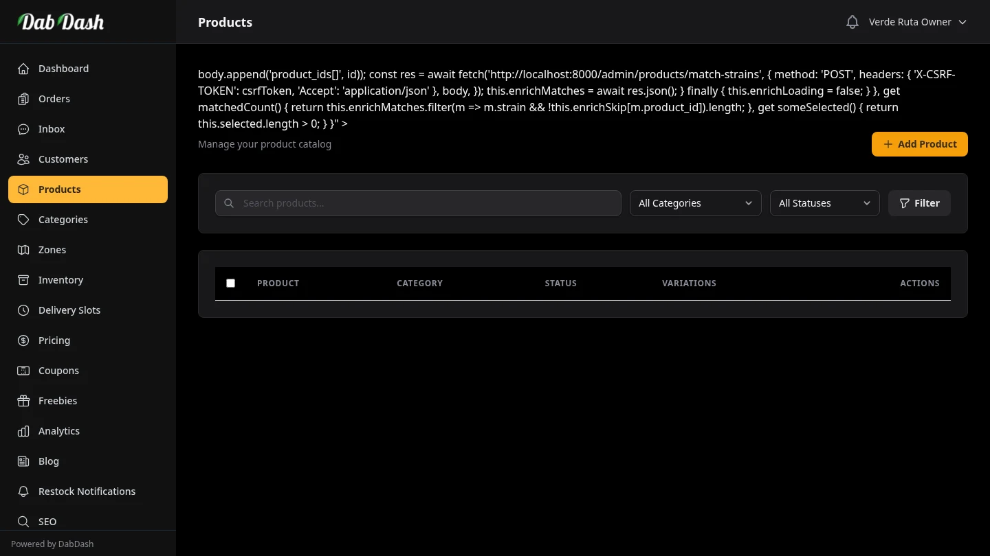 DabDash bulk strain enrich modal showing AI-assisted auto-fill of THC percentages, effects, and flavors across multiple products