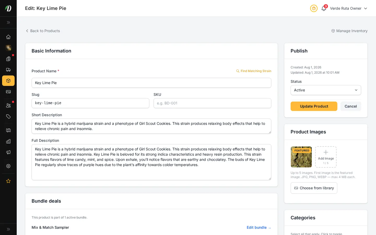DabDash product editor showing a pricing structure linked to saved product variations