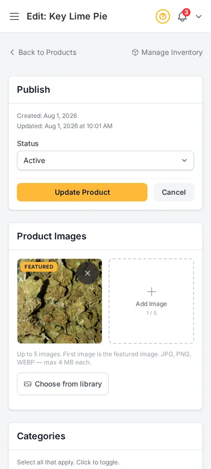 DabDash product editor showing a pricing structure linked to saved product variations — mobile view