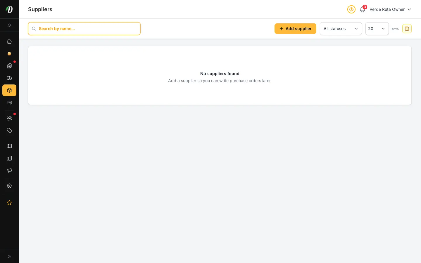 DabDash Suppliers page showing supplier records and lead times