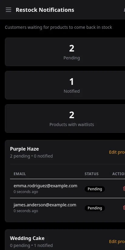 DabDash restock notifications showing customer emails waiting for low-stock products