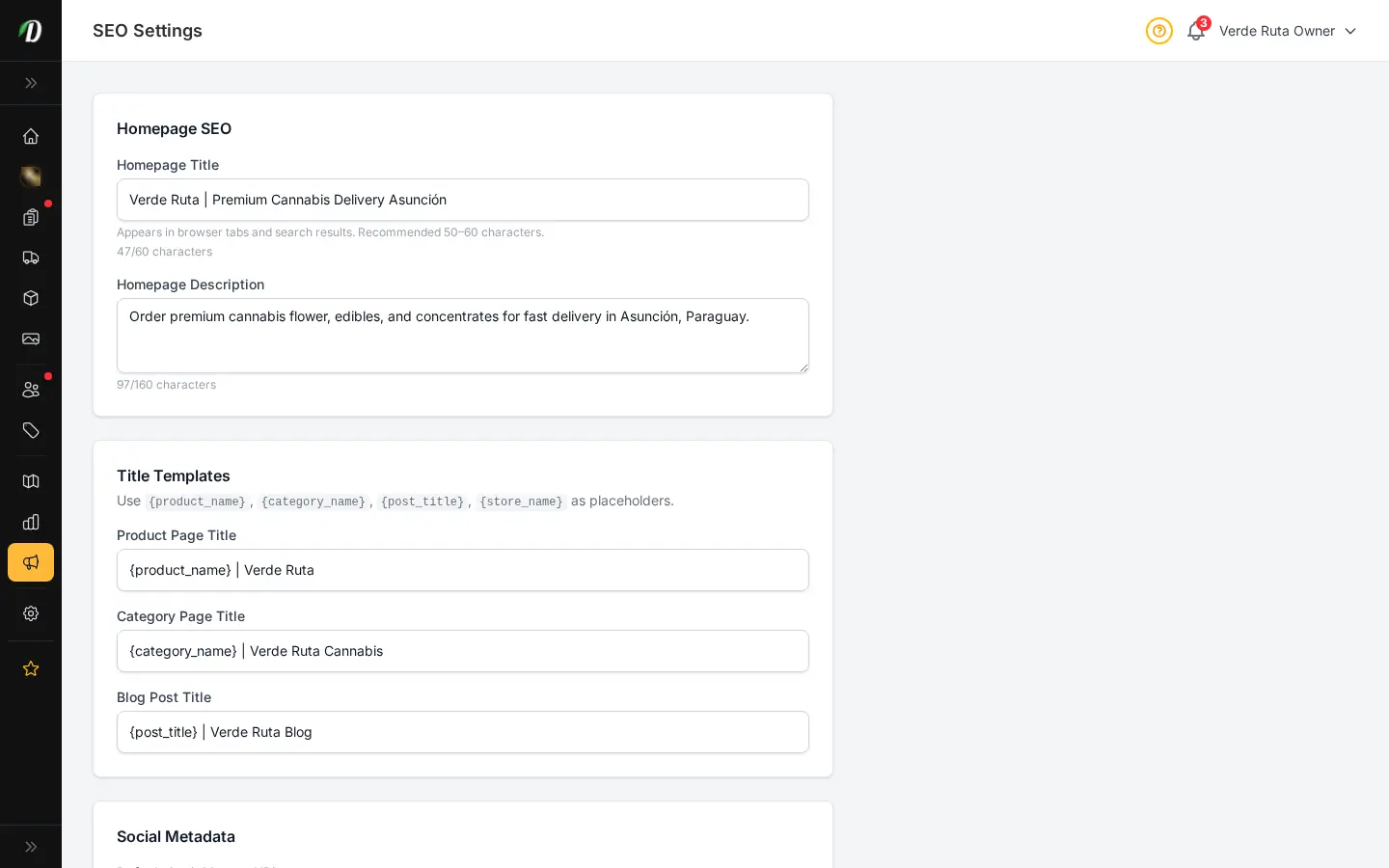 DabDash SEO settings showing filled in meta title, description, and share image fields